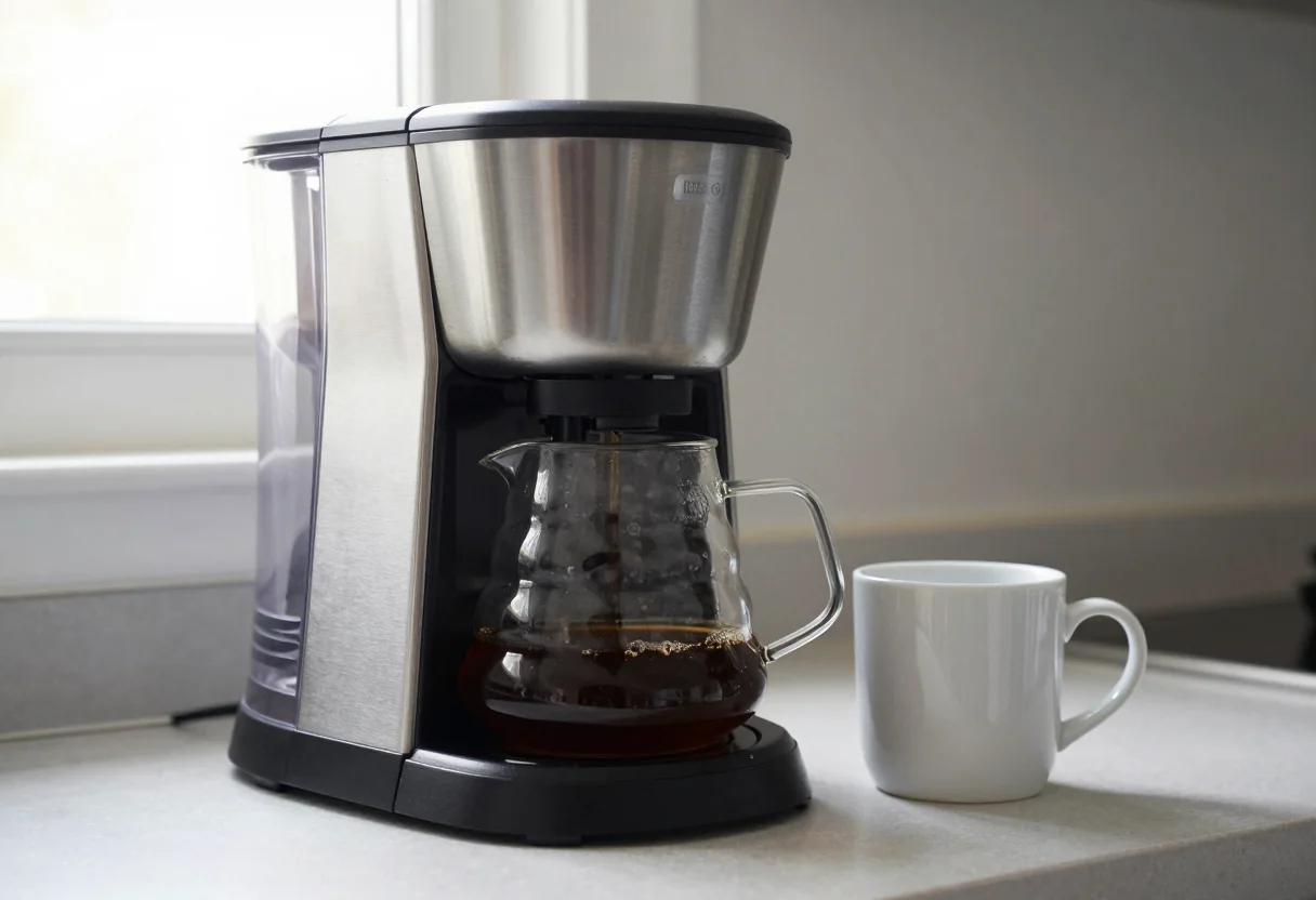 Black and stainless steel drip coffee maker with glass carafe and white mug