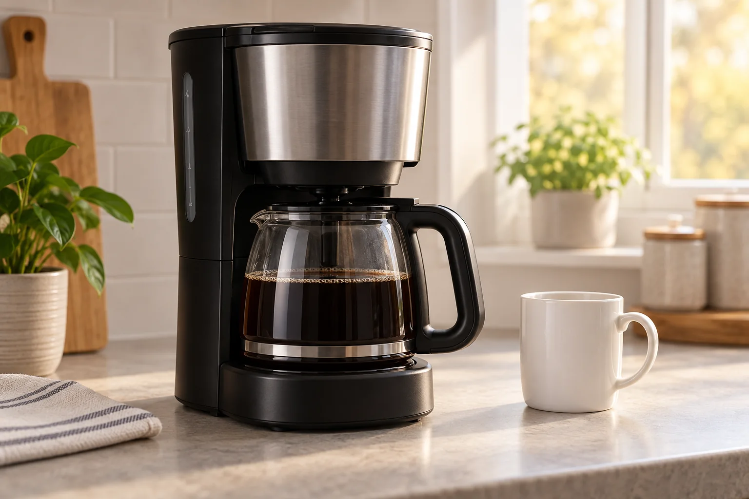 Black and stainless steel drip coffee maker with glass carafe and a white mug