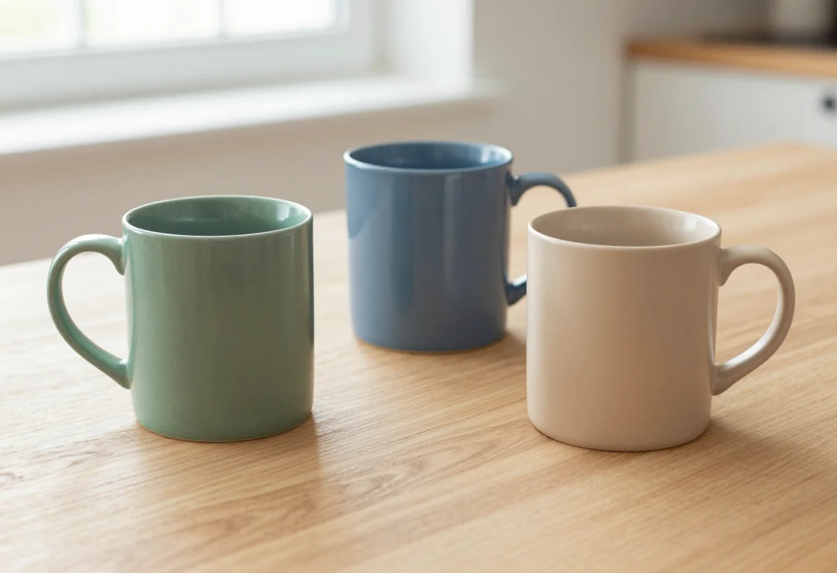 Three ceramic coffee mugs in sage green, blue and beige on a wooden table