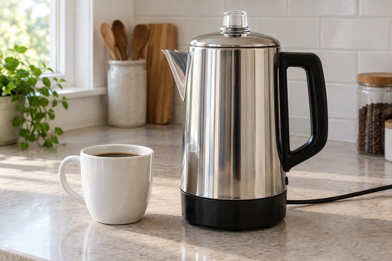 Stainless steel electric coffee percolator with a black handle beside a white cup