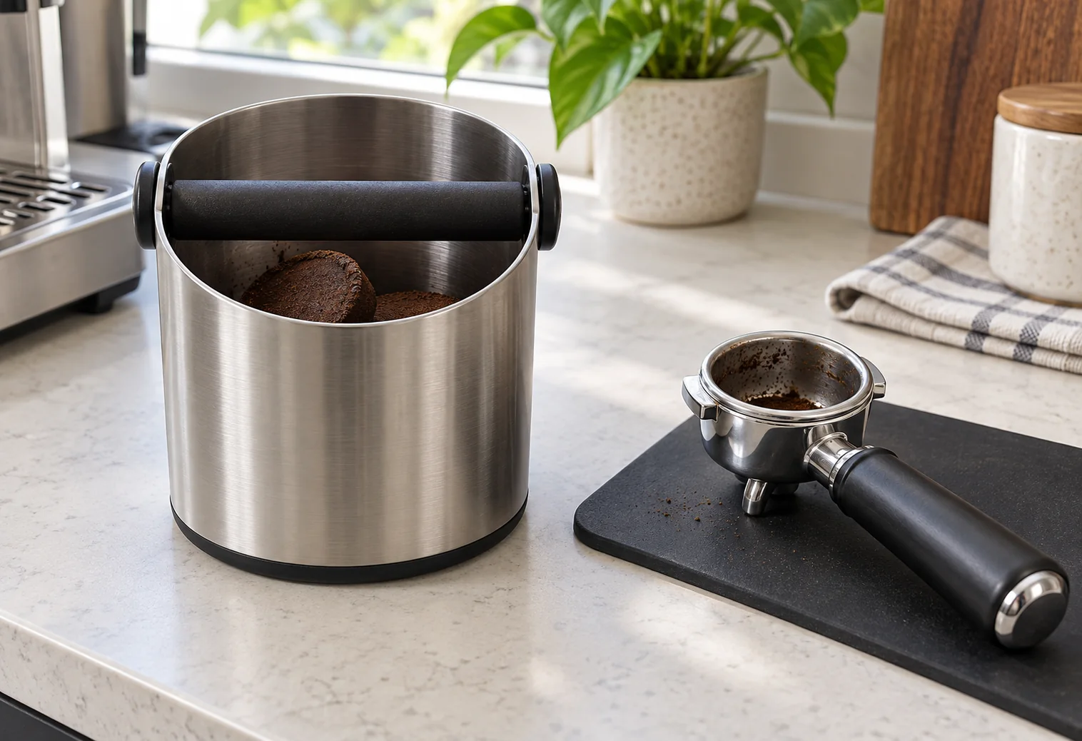 Stainless steel espresso knock box with rubber bar beside a used portafilter