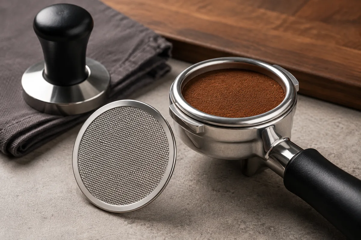 Stainless-steel espresso puck screen beside a portafilter basket filled with tamped coffee