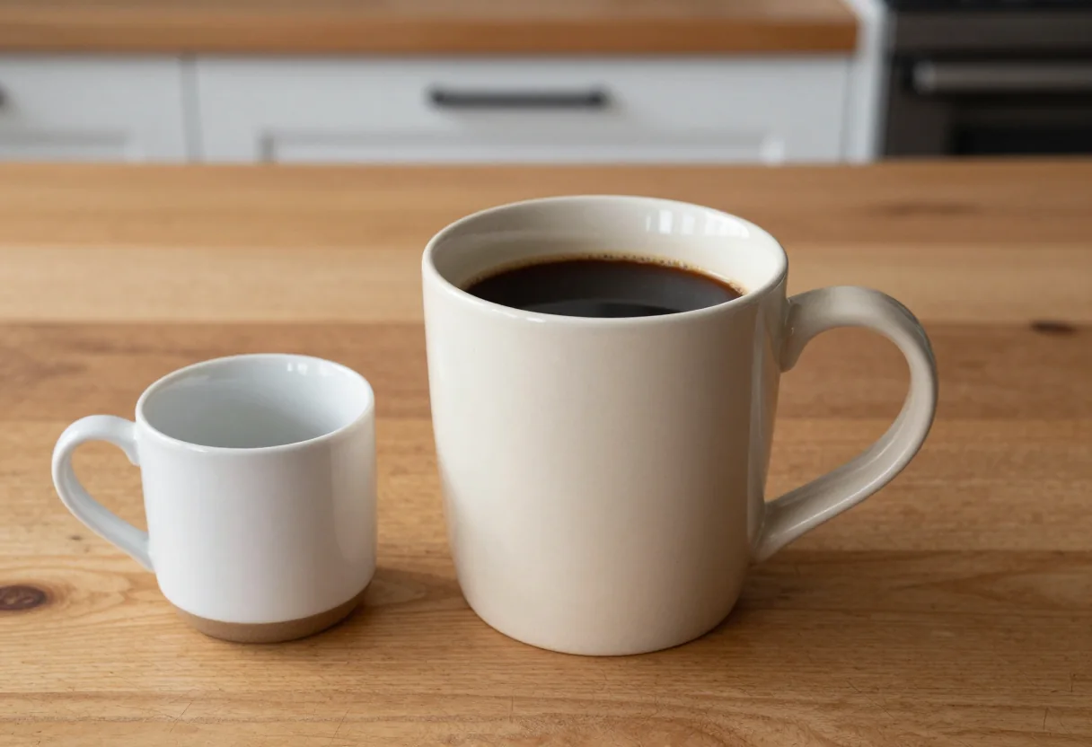 Large cream coffee mug with a wide loop handle beside a smaller ceramic cup