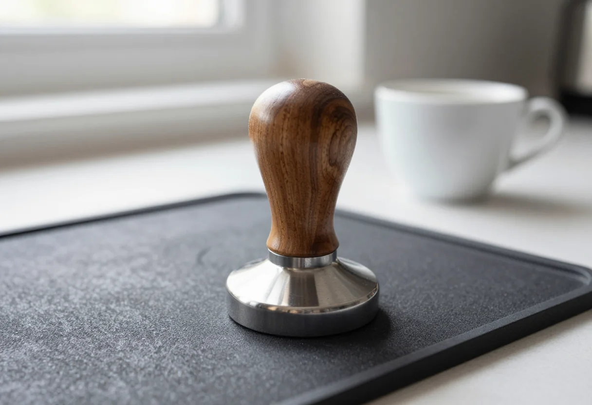 Wood-handled espresso tamper on a rubber mat beside a white coffee cup